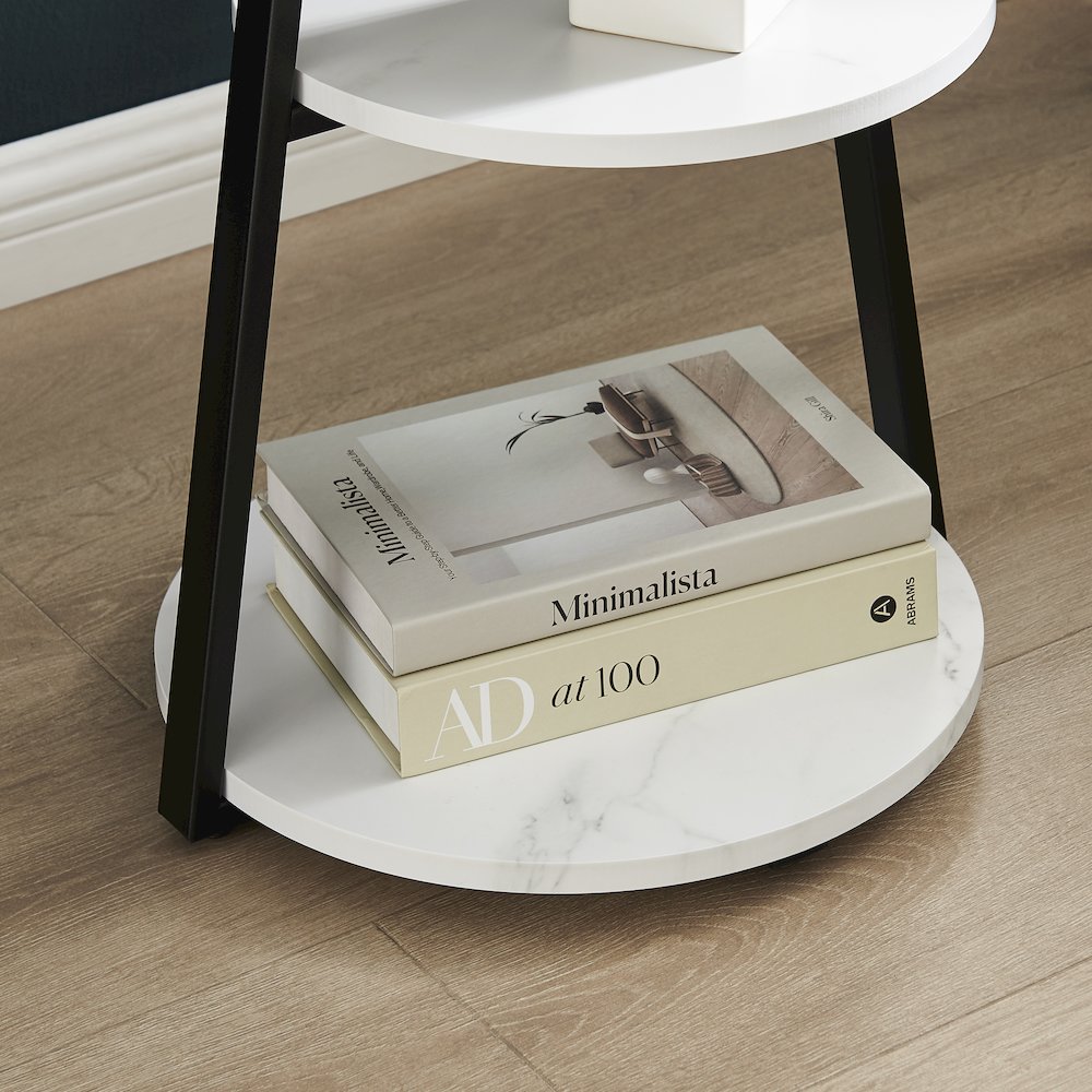 Skylar Round 3-Tier Side Accent Table with Raised Lip Edge - White Marble/Black. Picture 11