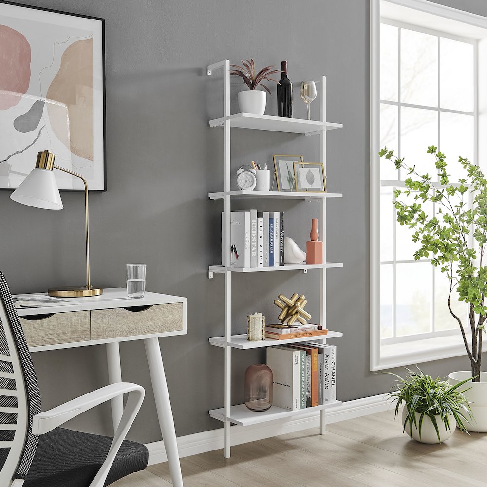 Everett 5-Tier Open Display Wall Mount Metal Frame Ladder Shelf - White/White. Picture 9