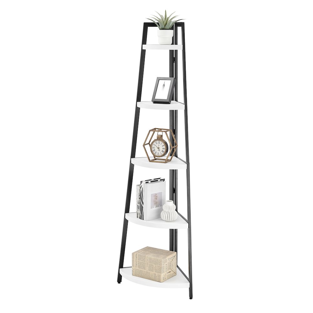 Free-Standing 5-Tier Pyramid Corner Shelf in Black Metal with White MDF Shelves. Picture 8