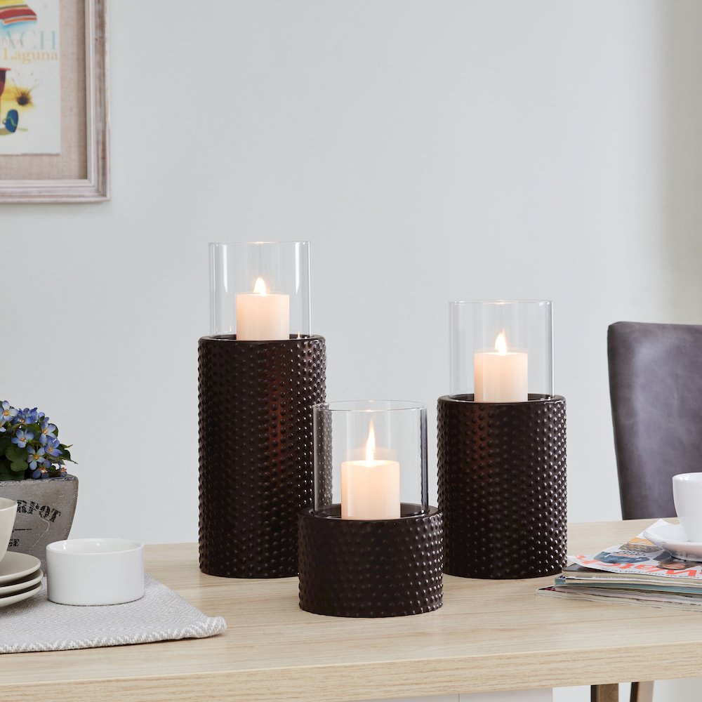 Candle Holder Set (3) With Clear Glass Hurricanes And Textured Metal Base. Picture 2