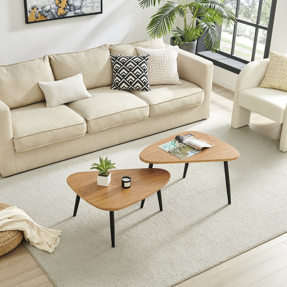 Aurora Oval Teardrop 2 Piece Semi-Nested Coffee Table Set - Natural Brown/Black. Picture 9