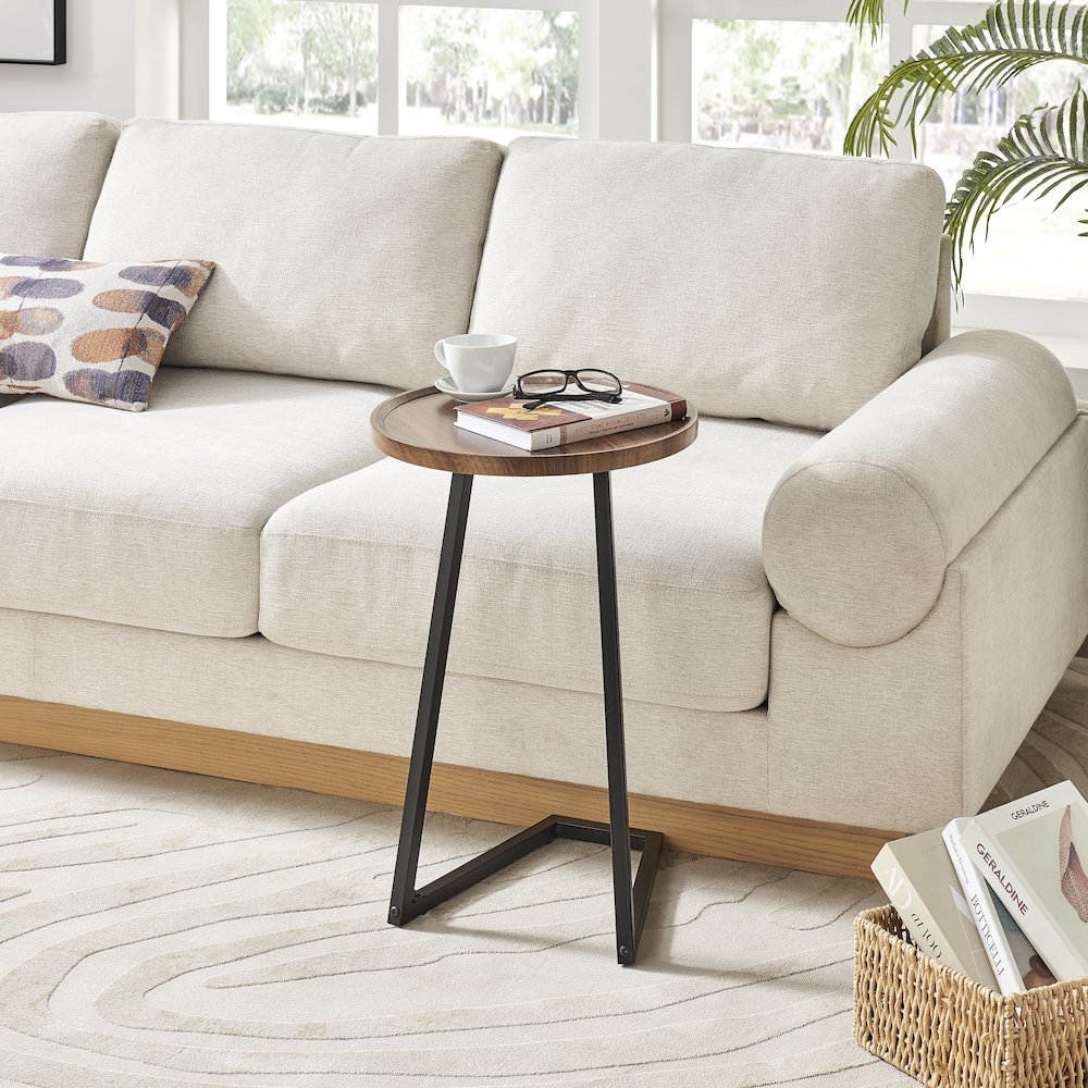 Addison Round Raised Lip Edge Angled Couch-Side Accent C-Table - Walnut/Black. Picture 3