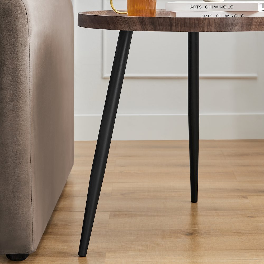 Paxton Raised Lip Edge Side Table Modern Black Metal Taper Legs - Round - Walnut. Picture 11