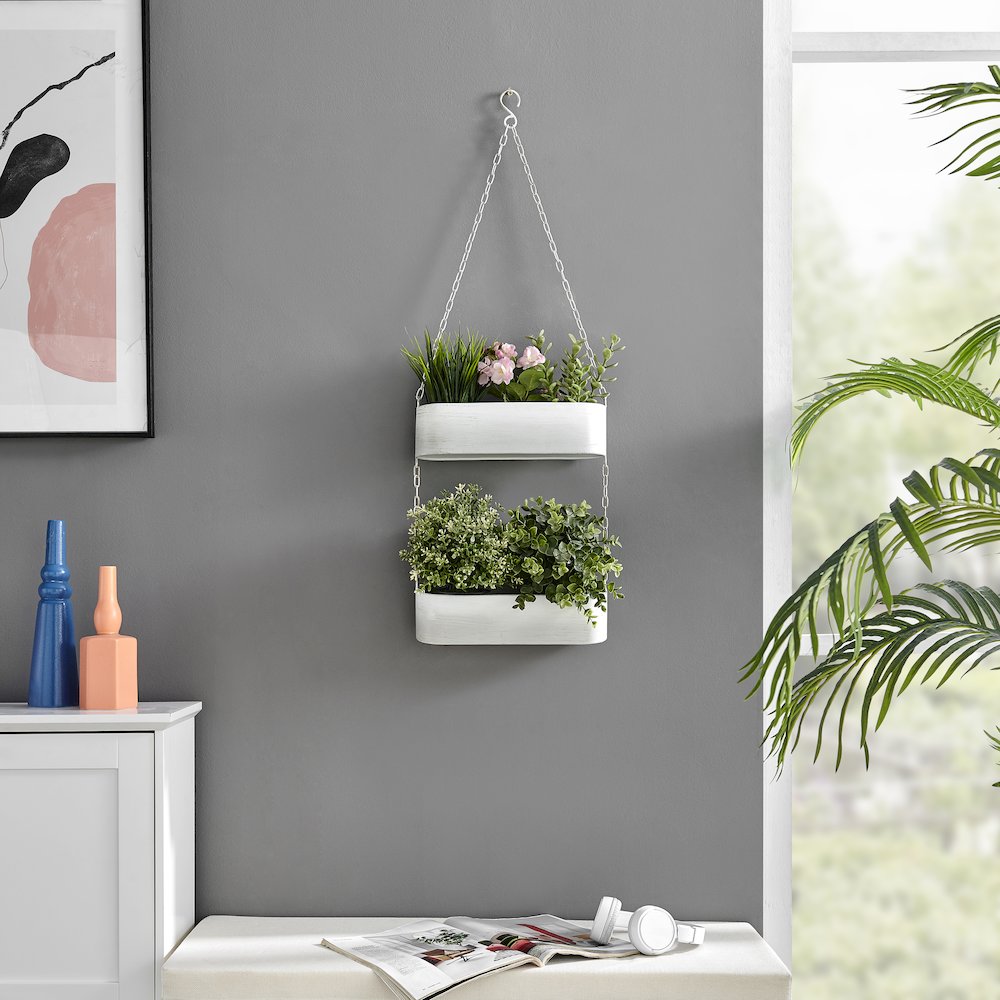 Two-Tier Hanging White Metal Trough Wall Planter. Picture 2