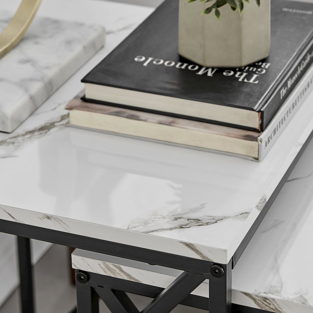 Modern Square Veneer Black Metal Frame Nesting End Tables White Marble Set of 2. Picture 10