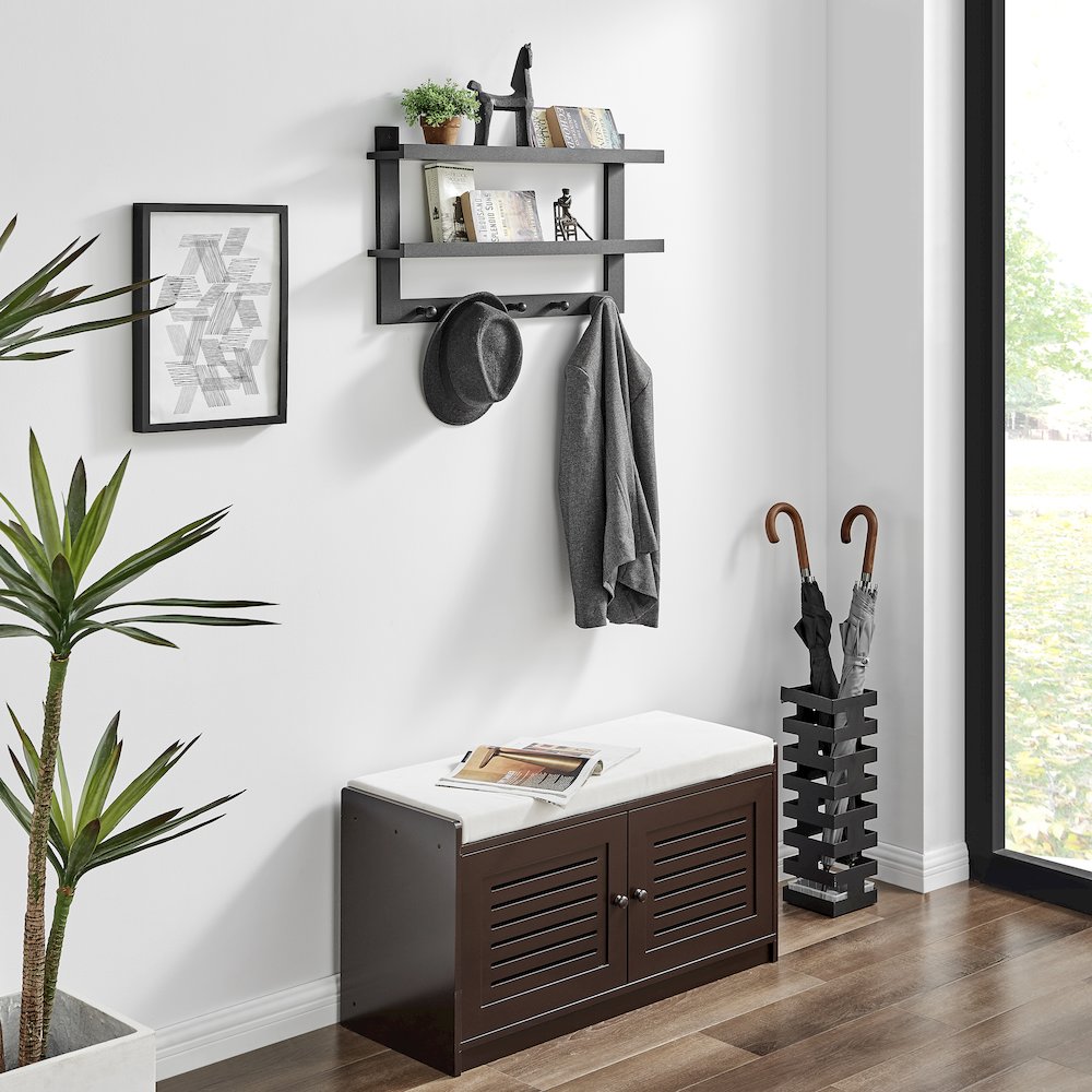 2-Tier Ledge Wall Shelf Organizer with 5 Hanging Coat or Towel Hooks - Black. Picture 4
