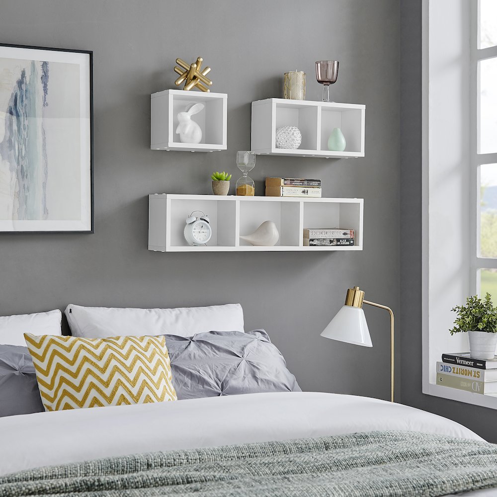 Bauhaus Floating Geometric Cubby Wall Shelves - Set of 3 Sizes - White. Picture 6