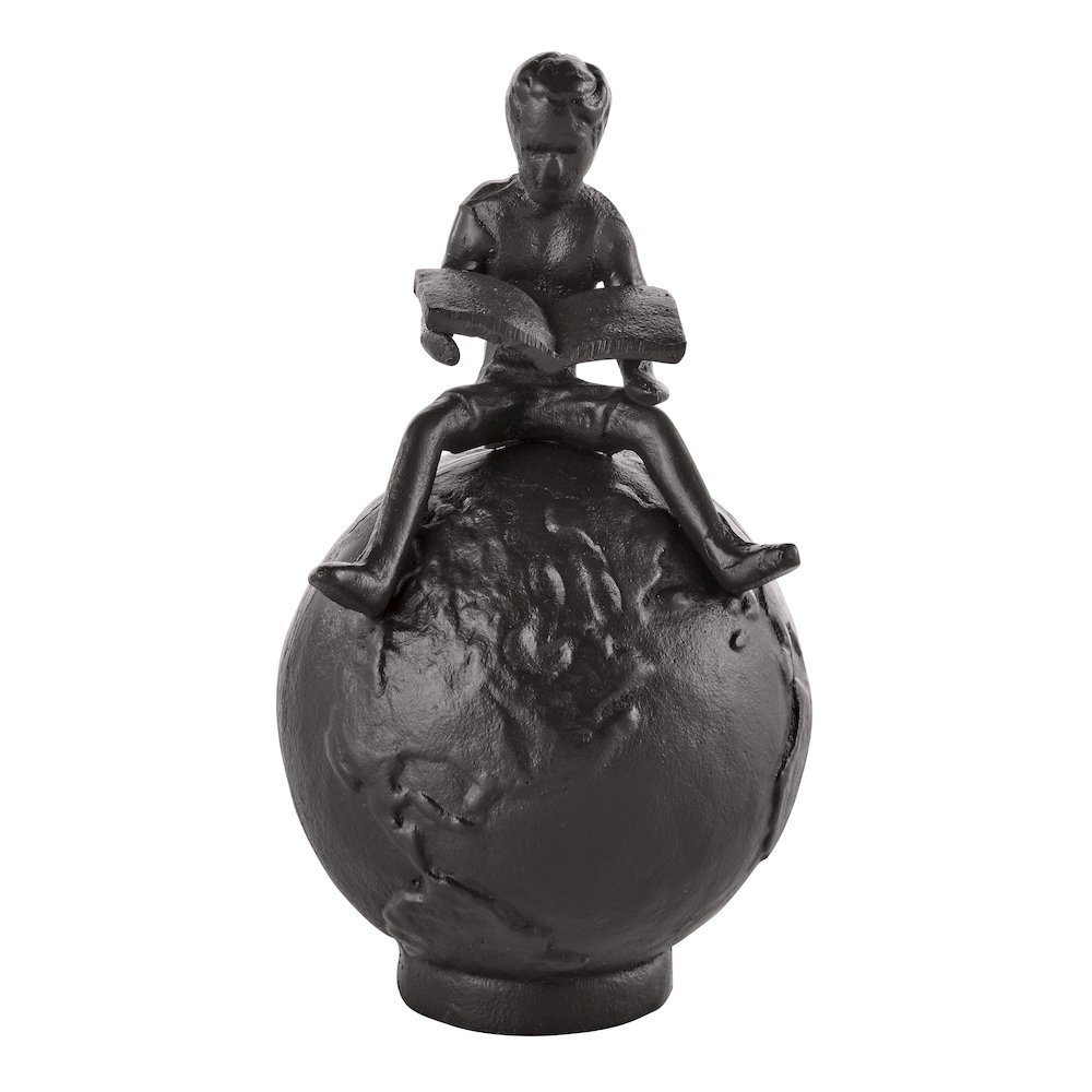 Brown Cast Iron Boy Reading on Globe Sculpture or Decorative Paperweight. Picture 7