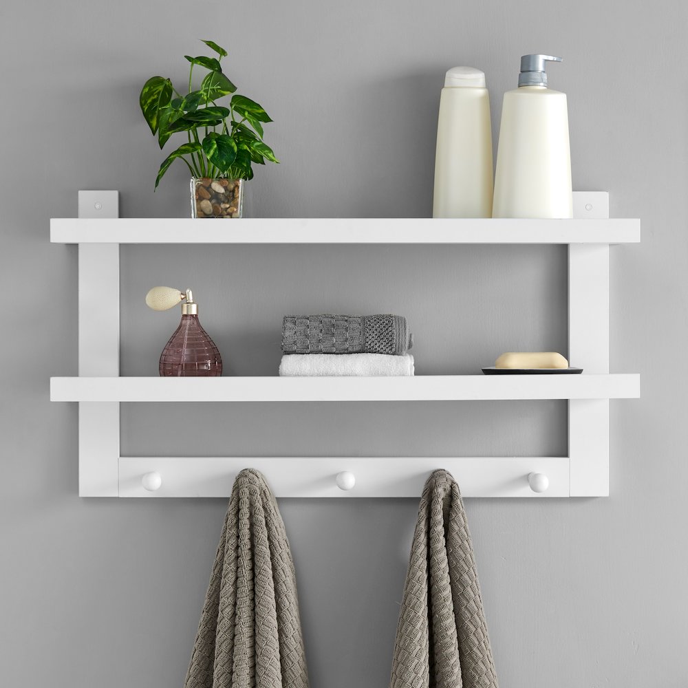 Two-Tier Ledge Shelf Wall Organizer with Five Hanging Hooks - White. Picture 2