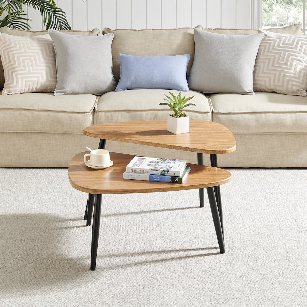 Aurora Oval Teardrop 2 Piece Semi-Nested Coffee Table Set - Natural Brown/Black. Picture 2