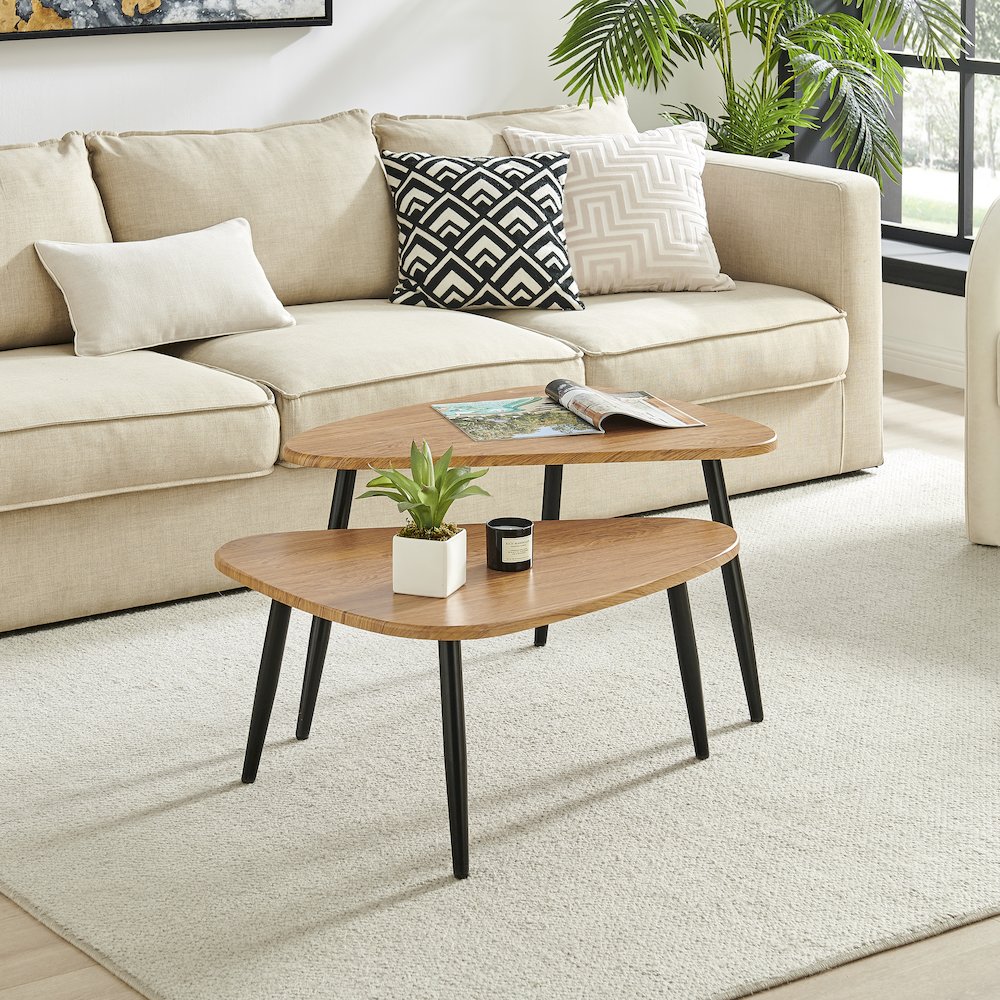 Aurora Oval Teardrop 2 Piece Semi-Nested Coffee Table Set - Natural Brown/Black. Picture 6