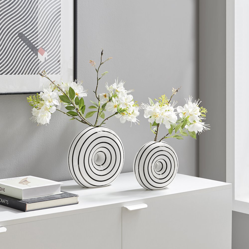 Etta 2 Piece Ceramic Black and White Striped Round Hollow Circle Donut Vase Set. Picture 2