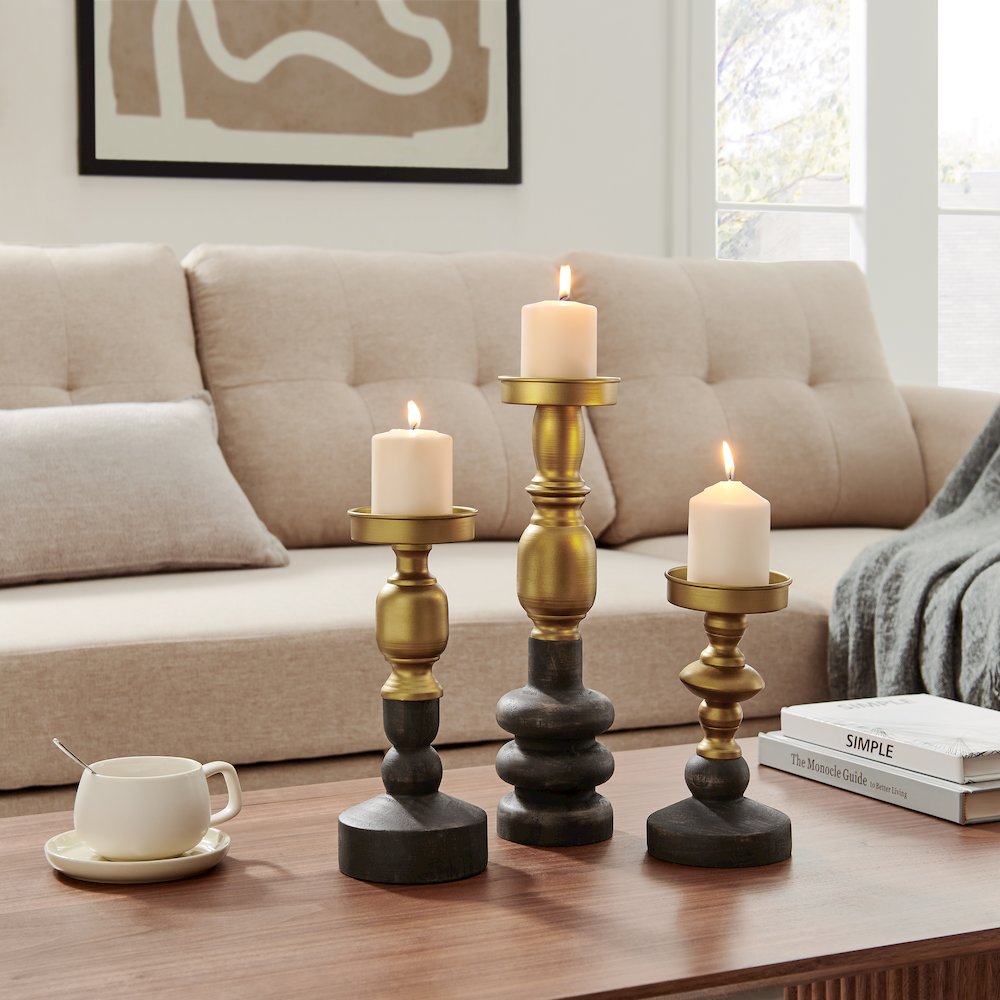 Nara Brass Wood Taper Candlestick Pillar Candle Holders - Set of 3. Picture 3