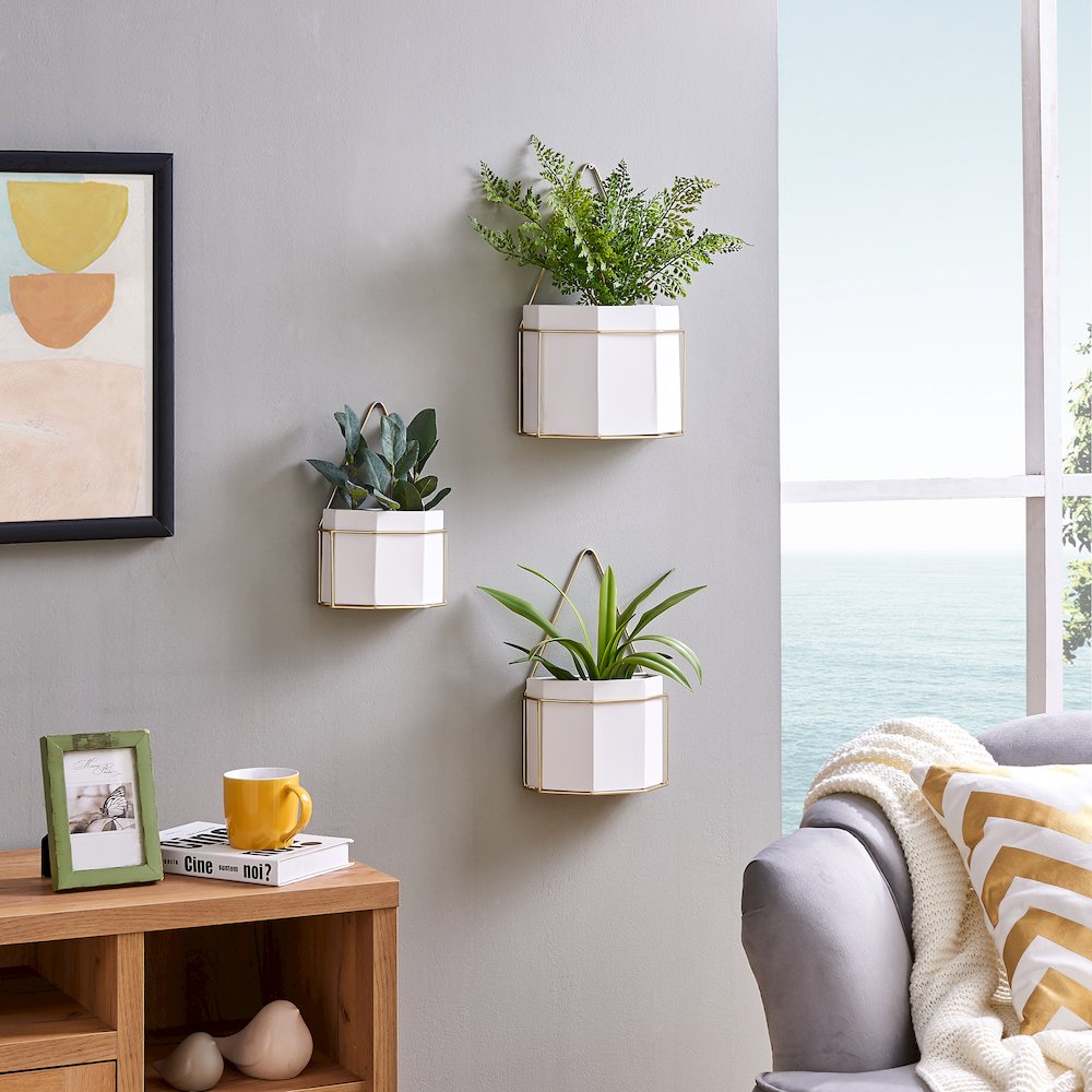Geometric White and Gold Wall Planters Set of 3. Picture 3