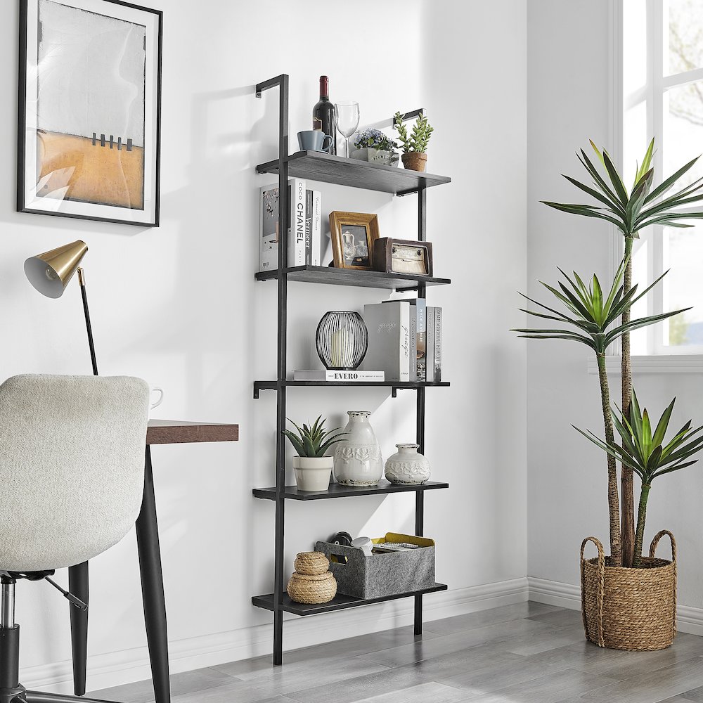 Everett 5-Tier Open Display Wall Mount Metal Frame Ladder Shelf - Black/Black. Picture 6