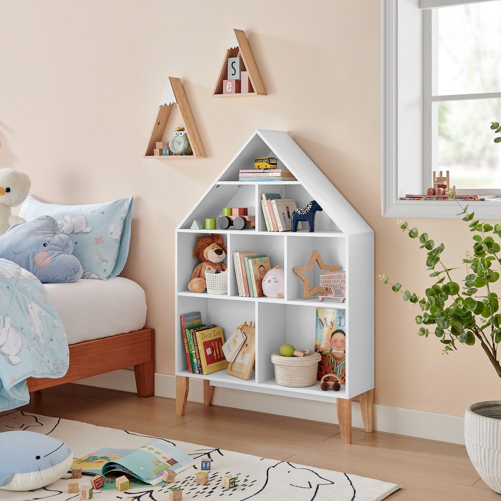 Steiner White Dollhouse 8-Compartment Kids Freestanding Bookshelf - Beech Legs. Picture 5