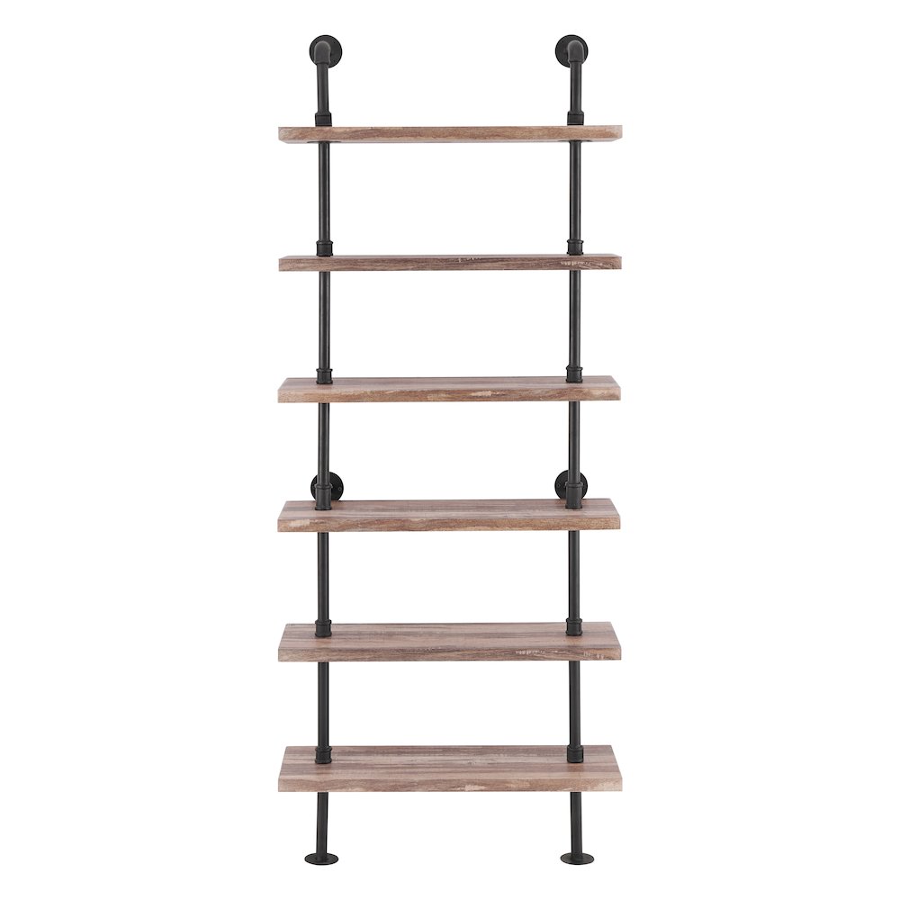 Distressed Wood Finish Rustic 6-Tier Iron Pipe Wall Mount Ladder Shelf. Picture 1