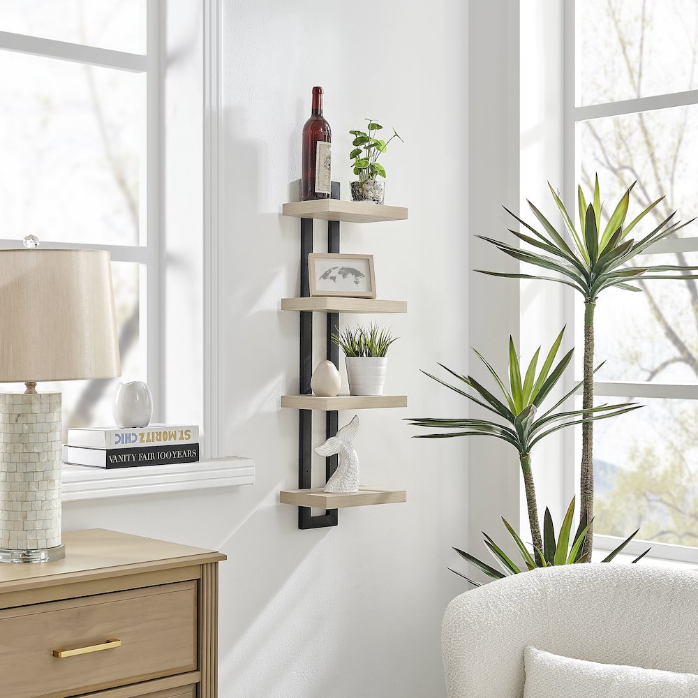 4-Tier Ladder Bracket Floating Wall Shelves - Black Metal and White Birch Finish. Picture 7