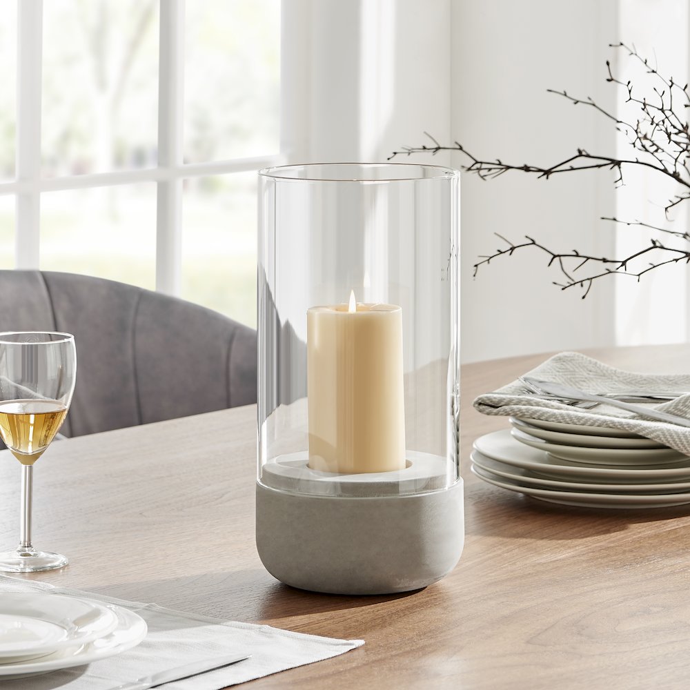 Cool Gray Cement Base and Glass Pillar Hurricane Candle Holder - Large. Picture 4