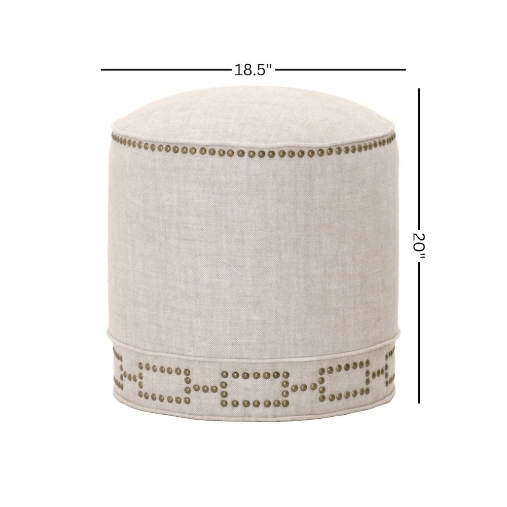 Round Ottoman Beige, Linen Blend, Nailhead Trim. Picture 4