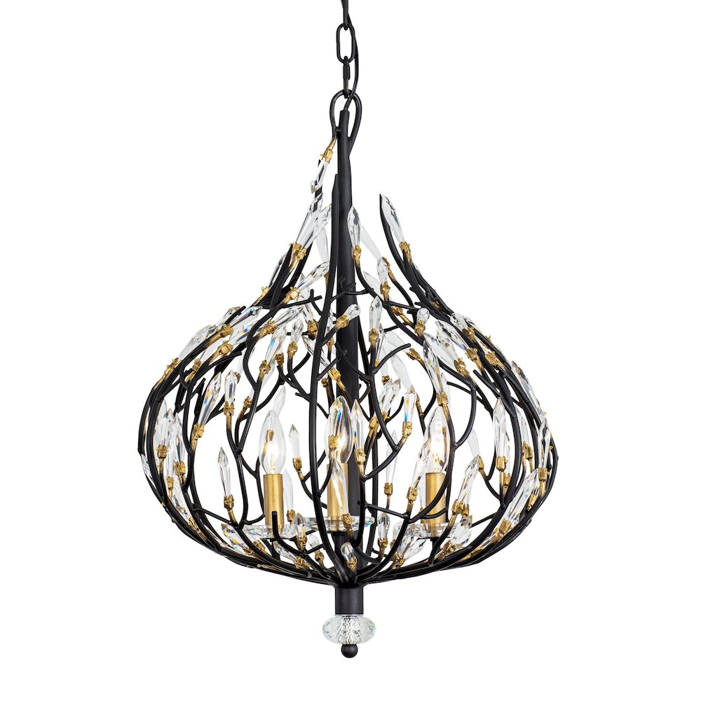 Bask 3-Lt Crystal Pendant - Matte Black/French Gold. Picture 1