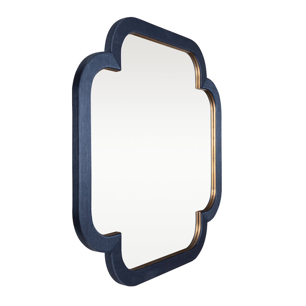 Swiss 36x36 Wall Mirror - Dark Blue Grasscloth/Weathered Brass. Picture 3