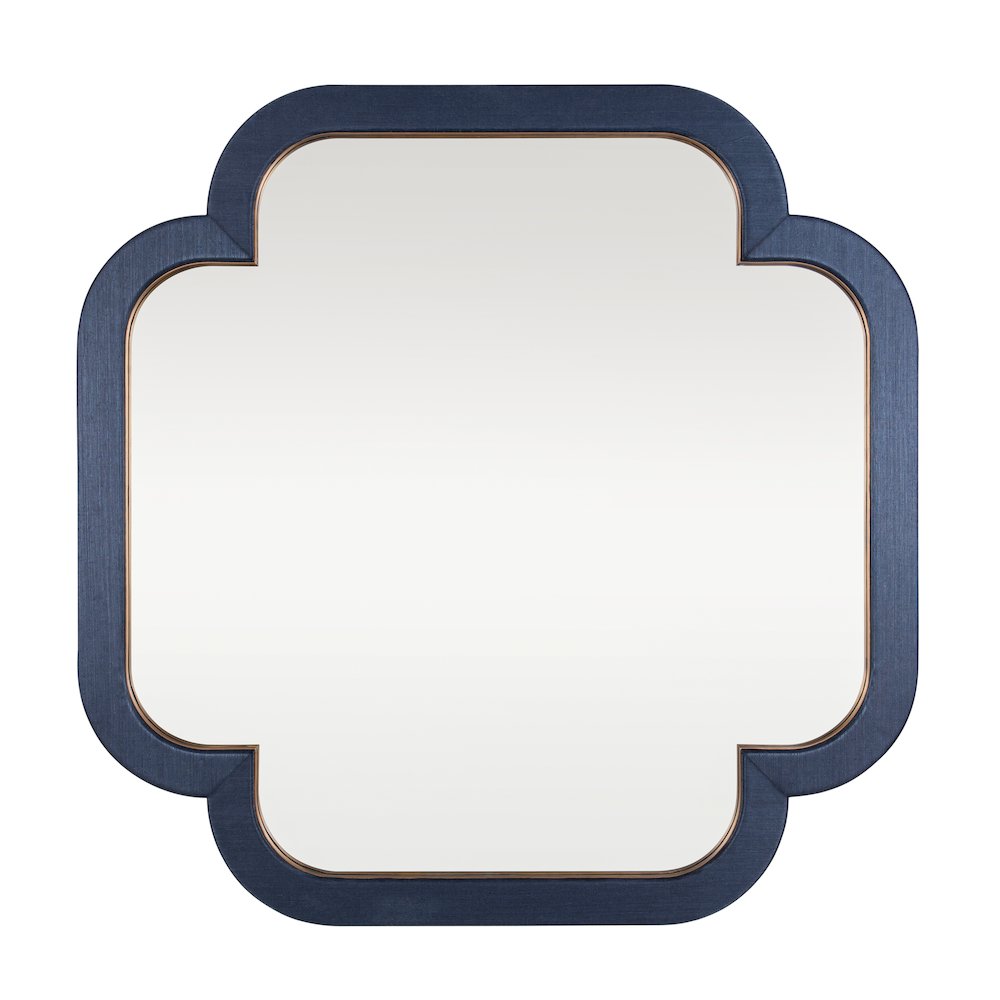 Swiss 50x50 Wall Mirror - Dark Blue Grasscloth/Weathered Brass. Picture 1