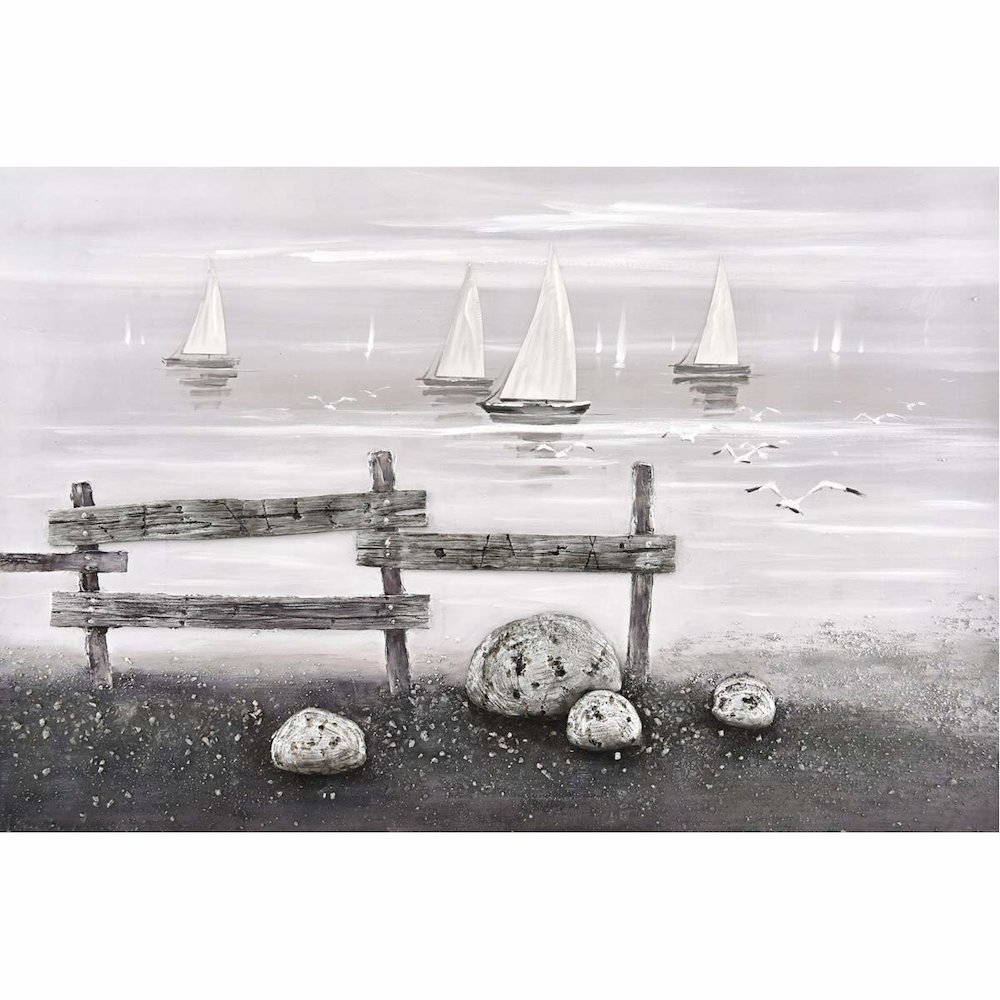 Mixed Media Beach Scene with Aluminum Accents Wall Art. Picture 1