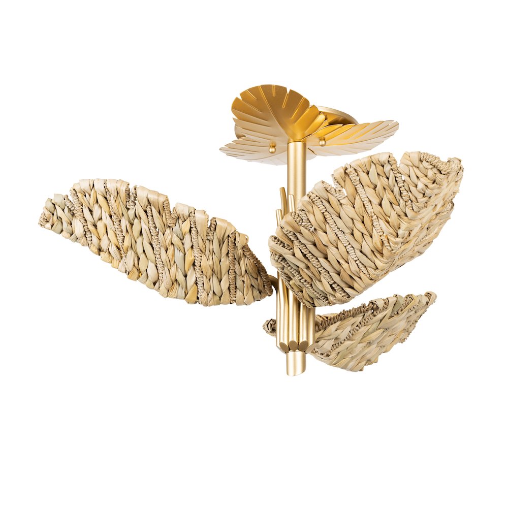 Banana Leaf 3-Lt Semi-Flush - French Gold/Natural Seagrass. Picture 1
