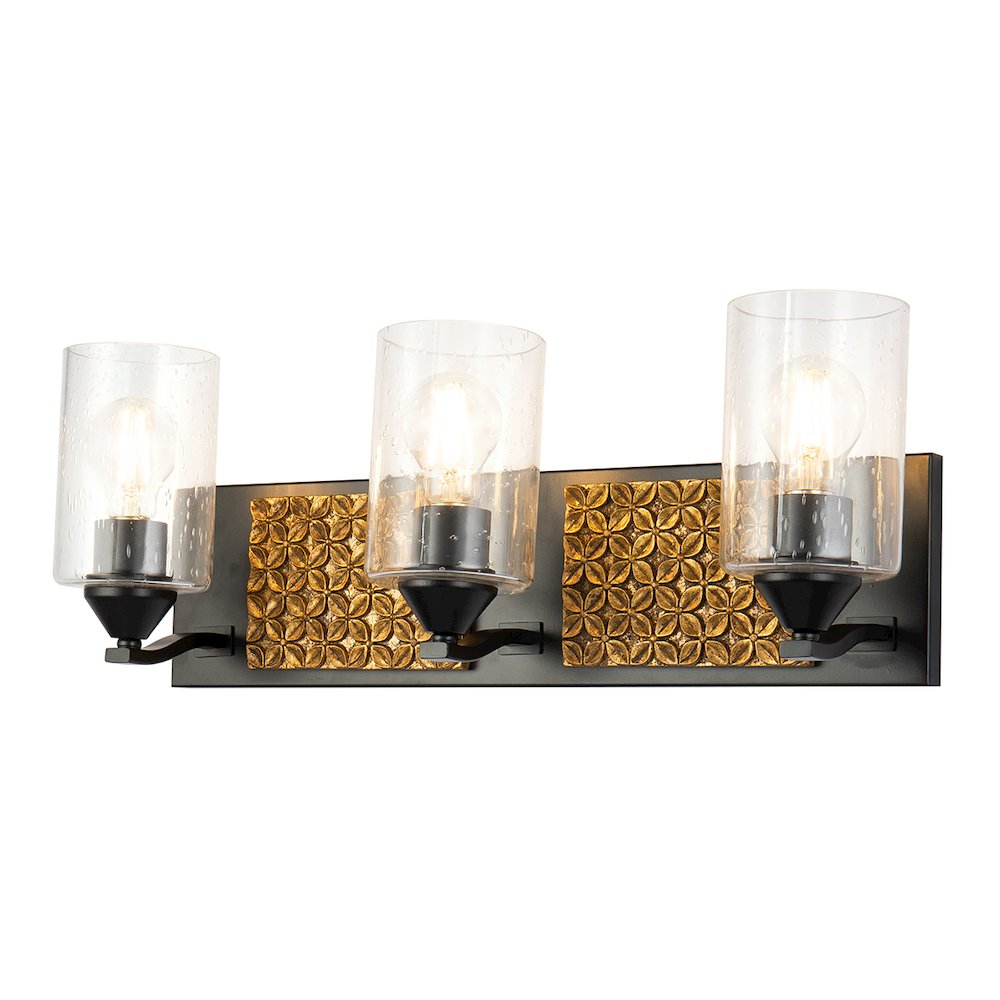 Arcadia 3 Light Bath Bar in Matte Black and Gold. Picture 1