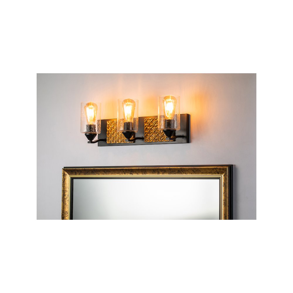 Arcadia 3 Light Bath Bar in Matte Black and Gold. Picture 3