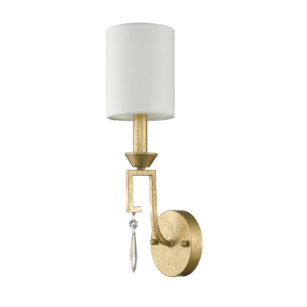 Small Lemuria Sconce with white Drum Shade and crystal accent in Warm Gold. Picture 4