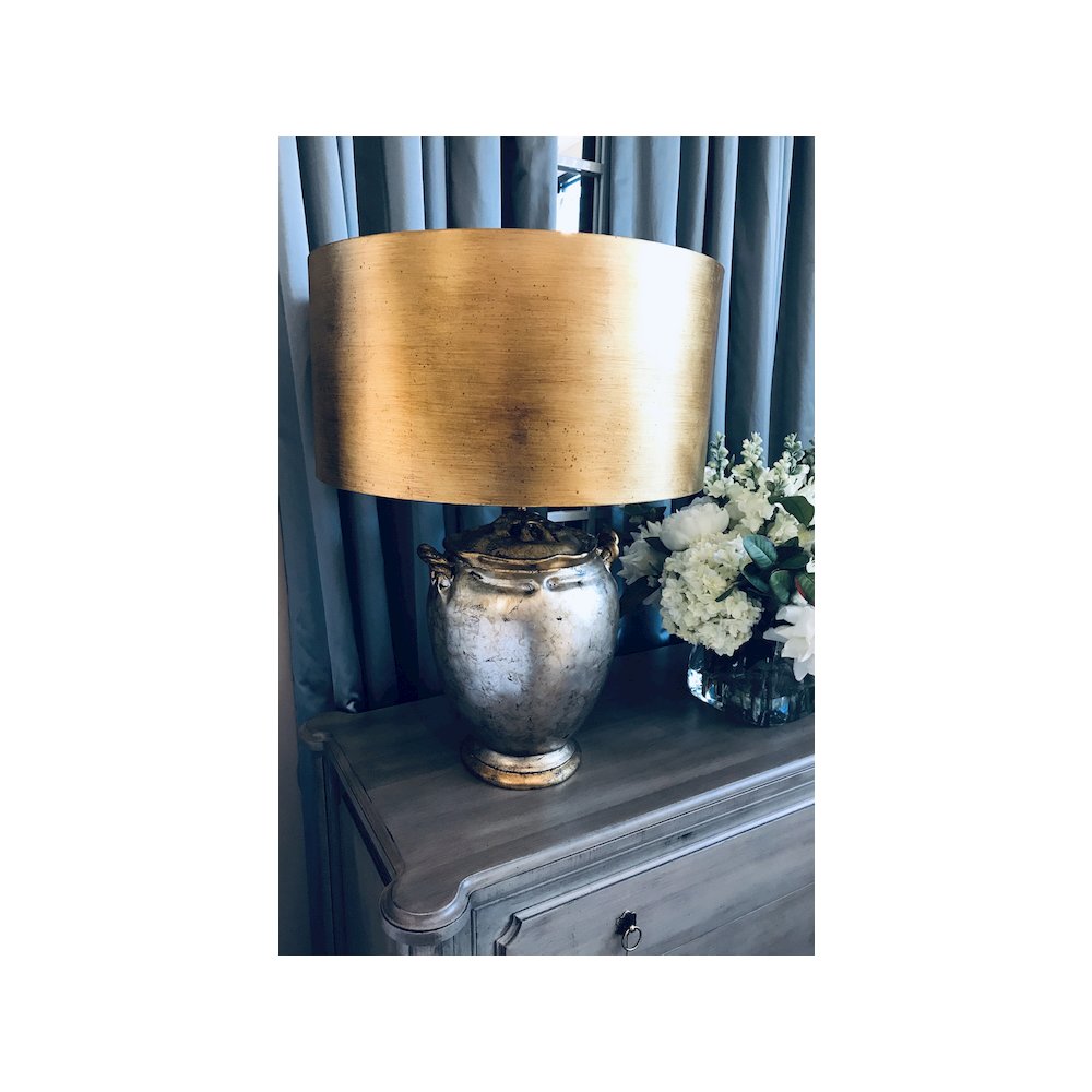 Gold and Distressed Silver Large Drum Shade Table Lamp. Picture 3