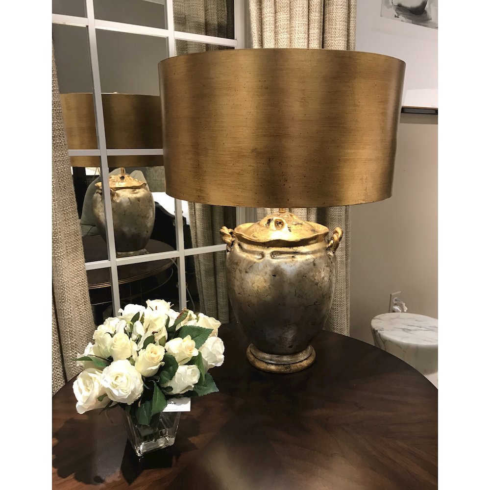 Gold and Distressed Silver Large Drum Shade Table Lamp. Picture 4