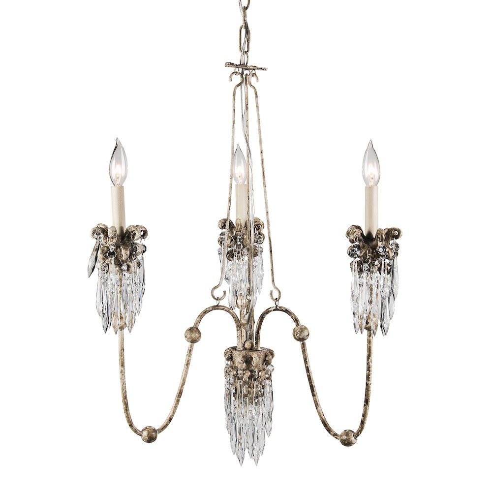 Venetian 3 Light Mini Chandelier in Distressed White Bronze and Crystal. Picture 1