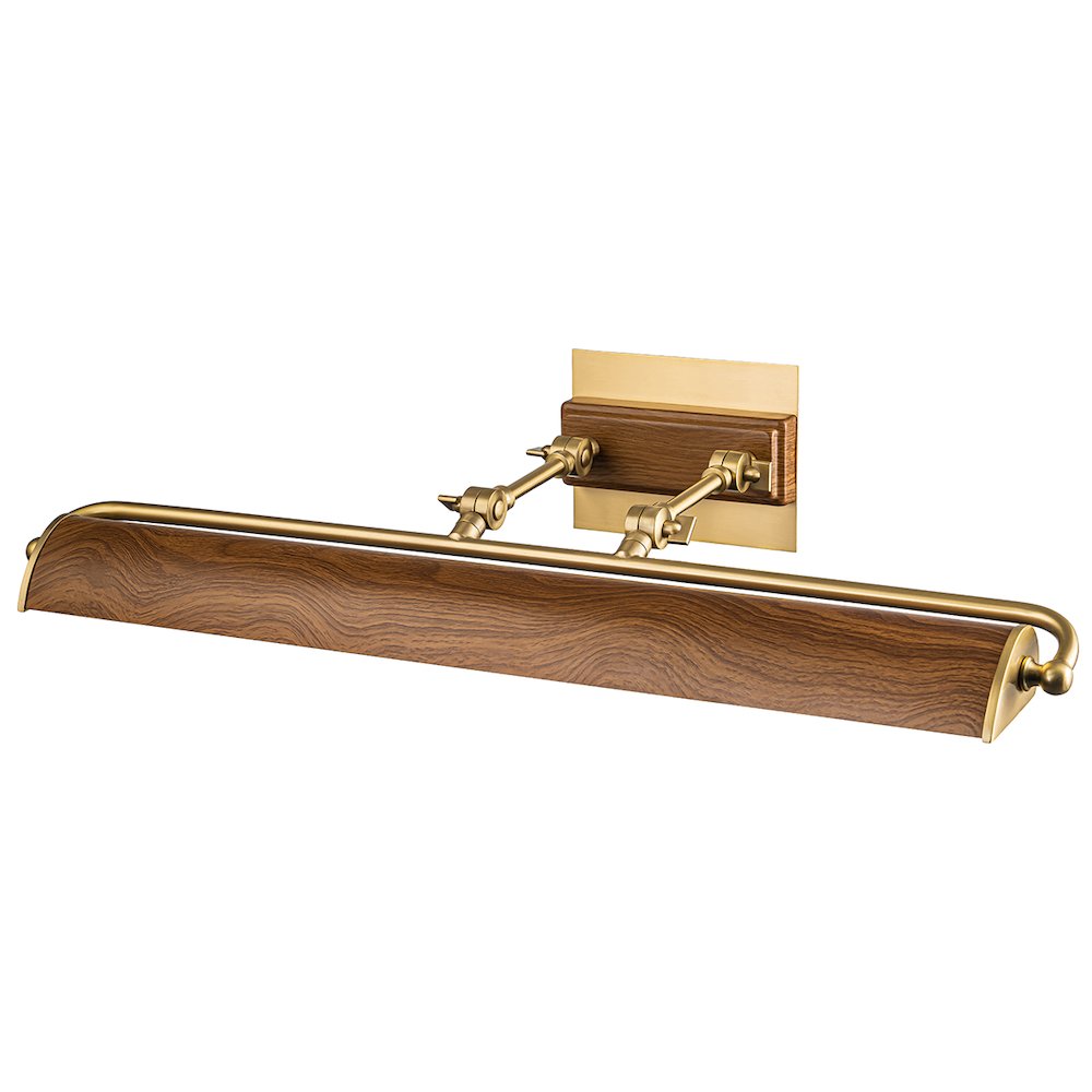 Winchfield Large Picture Light in Aged Brass with Oak Accents. Picture 2