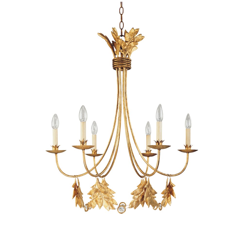 Sweet Olive French Rustic Metal and Crystal 6  Light Chandelier in Antiqued Gold. Picture 1