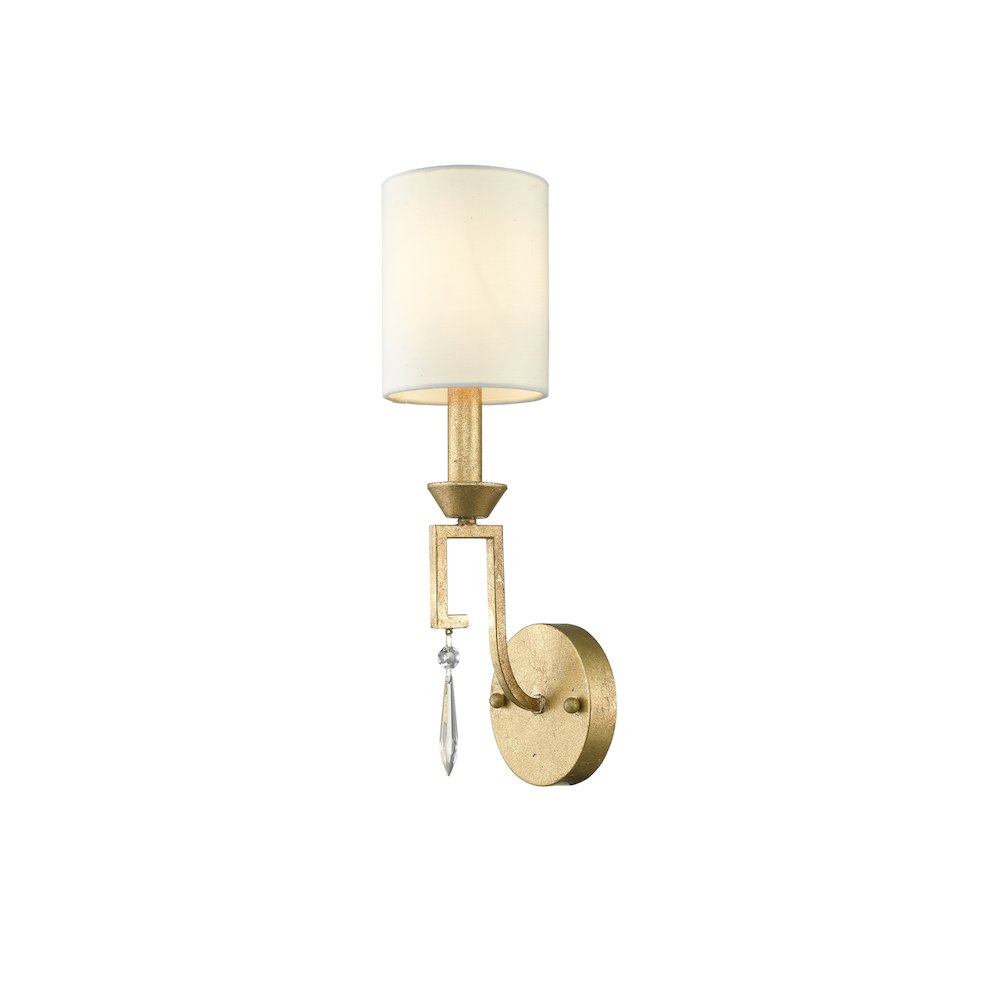Small Lemuria Sconce with white Drum Shade and crystal accent in Warm Gold. Picture 1