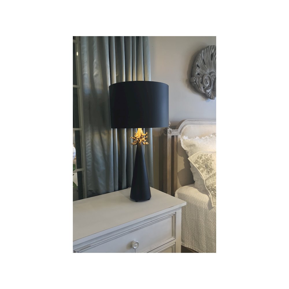 Neo Black Buffet Table Lamp with Distressed Gold accents and inside of Shade. Picture 1