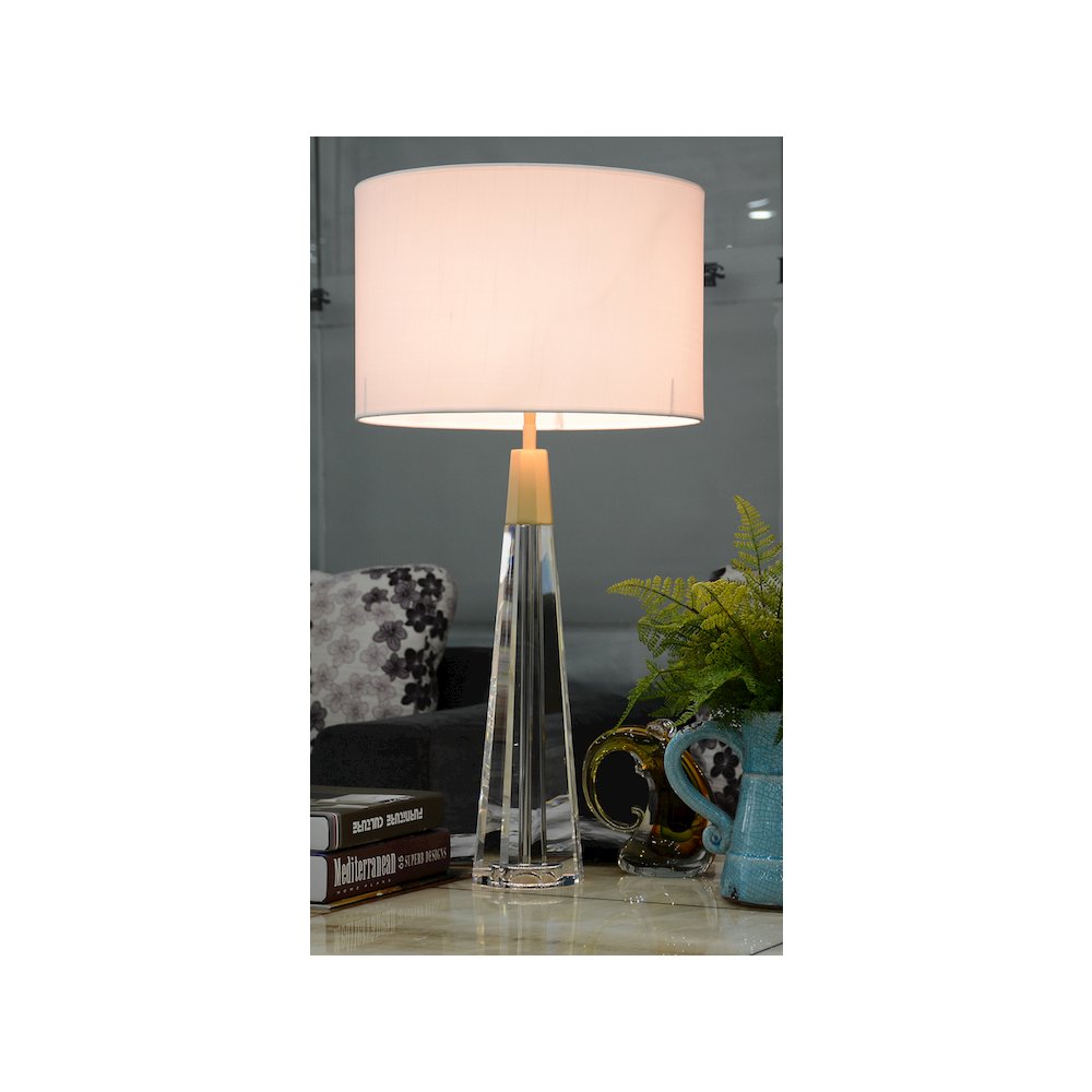 Clear Faceted Tall Buffet Lamp with Drum shade and Matte Gold. Picture 2