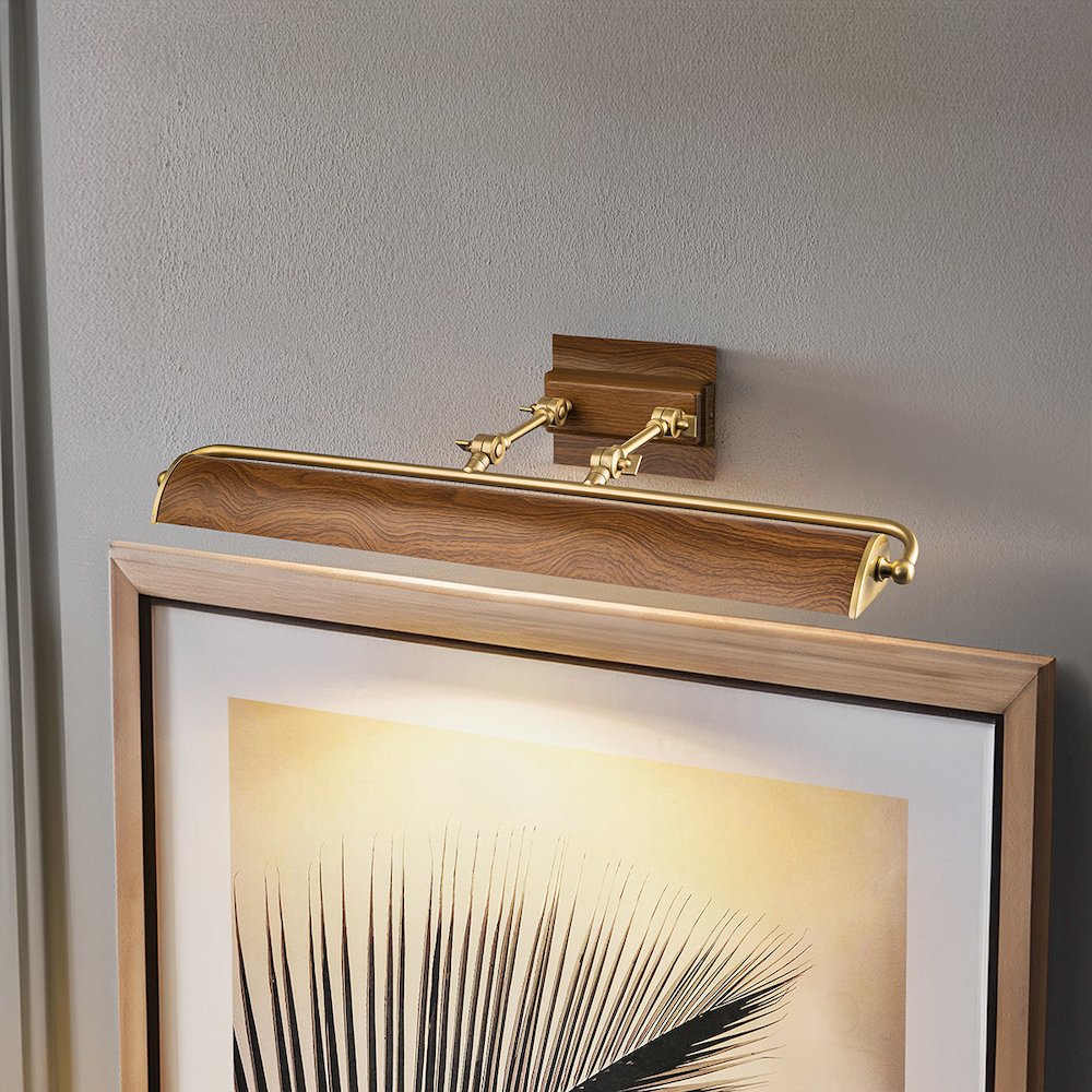 Winchfield Large Picture Light in Aged Brass with Oak Accents. Picture 5