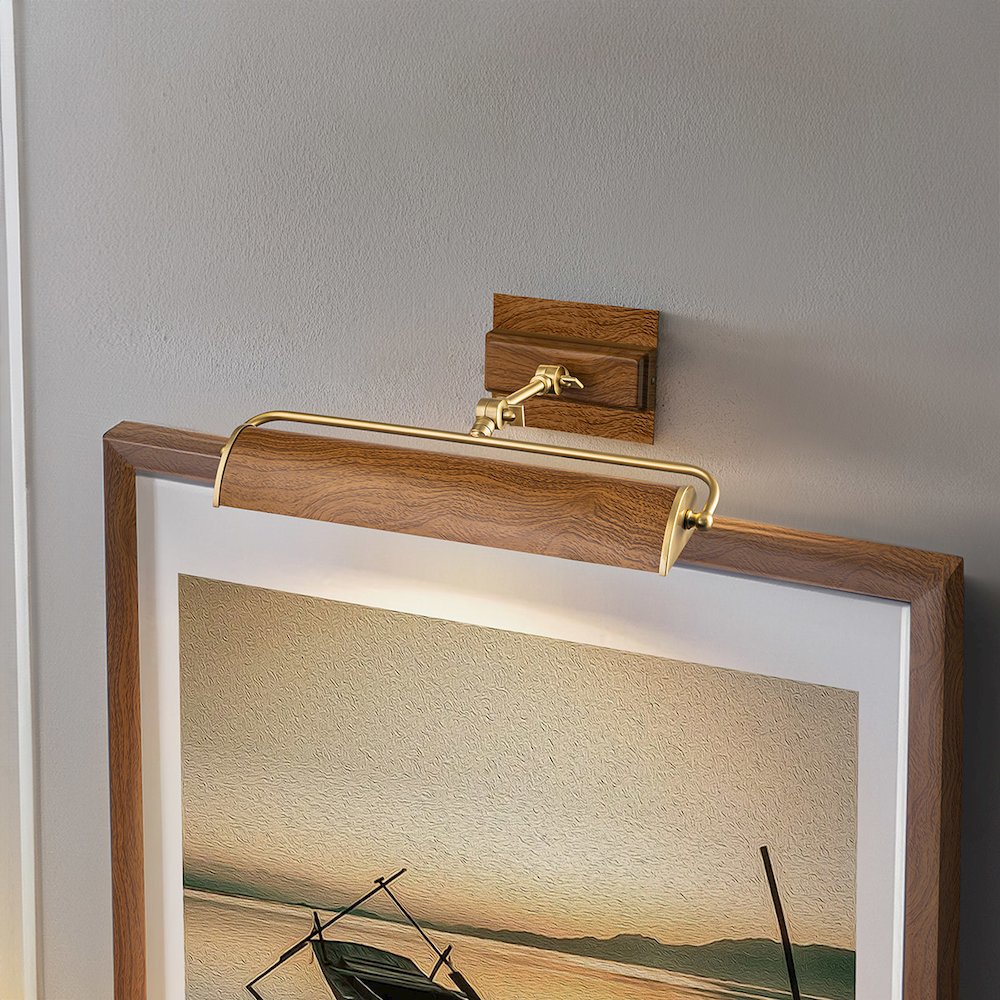 Winchfield Medium Picture Light in Aged Brass with Oak Accents. Picture 5