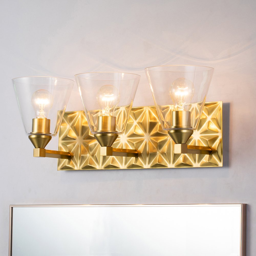Alpha 3 Light Vanity With Glass in Aged Gold Brass. Picture 2