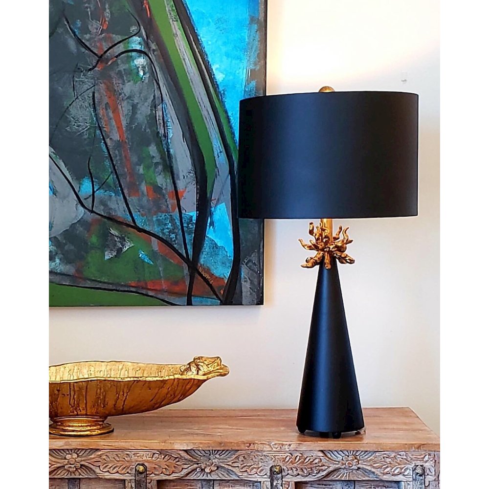 Neo Black Buffet Table Lamp with Distressed Gold accents and inside of Shade. Picture 3