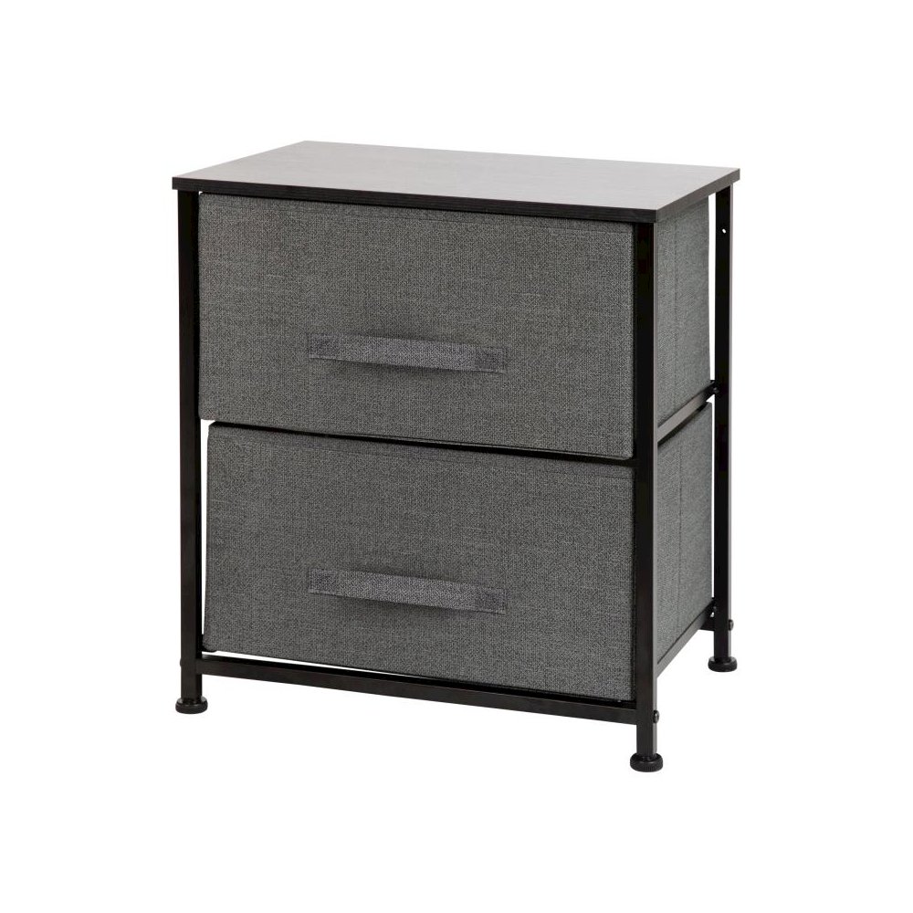 2 Drawer Wood Top Black Nightstand Storage Organizer with Cast Iron Frame and Dark Gray Easy Pull Fabric Drawers. Picture 1