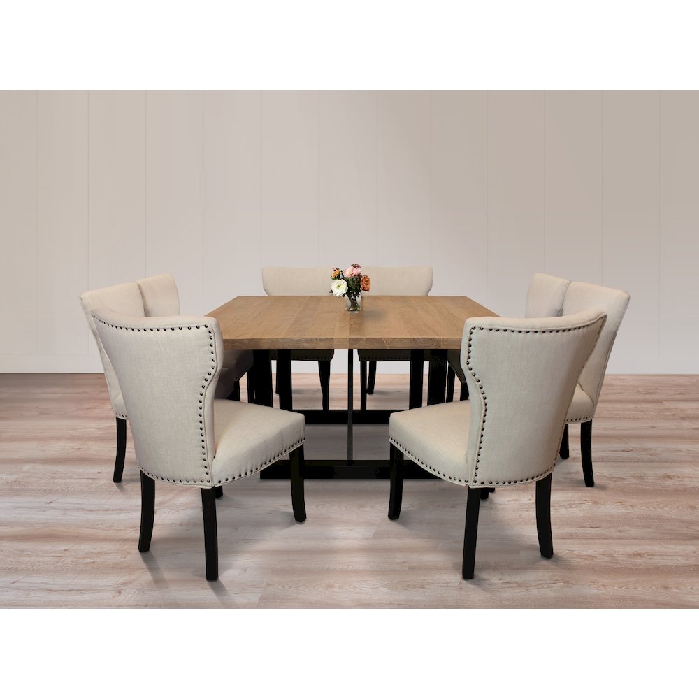 9-Piece Dining Set 8 Jill Dining Chairs in Ivory Fabric Antique Brown Legs. Picture 2