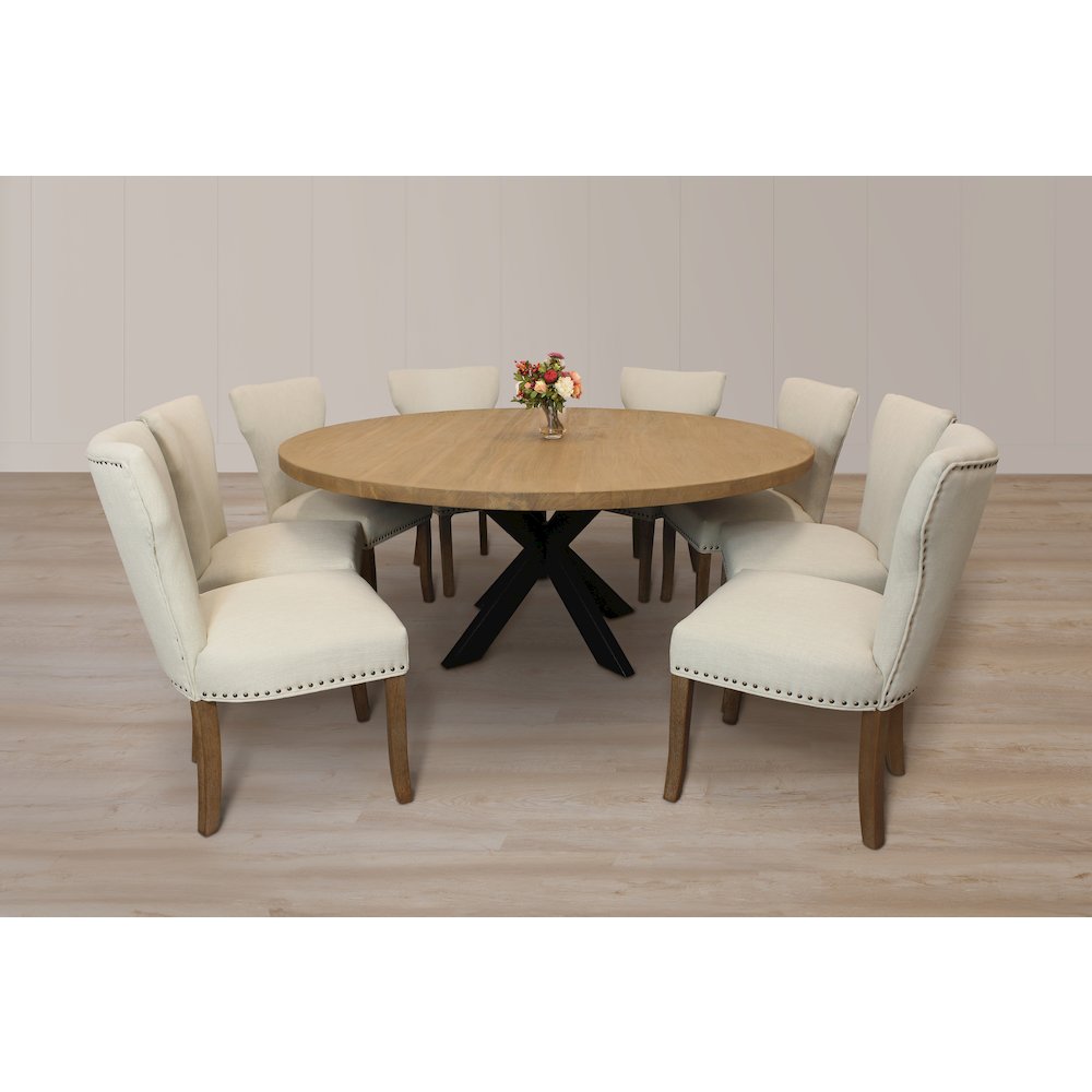 9-Piece 72 Dining Set 8 Jill Dining Chairs in Ivory Linen Fabric Dark Brown Legs. Picture 12