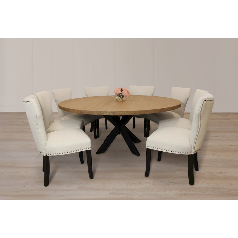 9-Piece 72 Dining Set 8 Dining Chairs in Ivory Linen Fabric Antique Brown Legs. Picture 13
