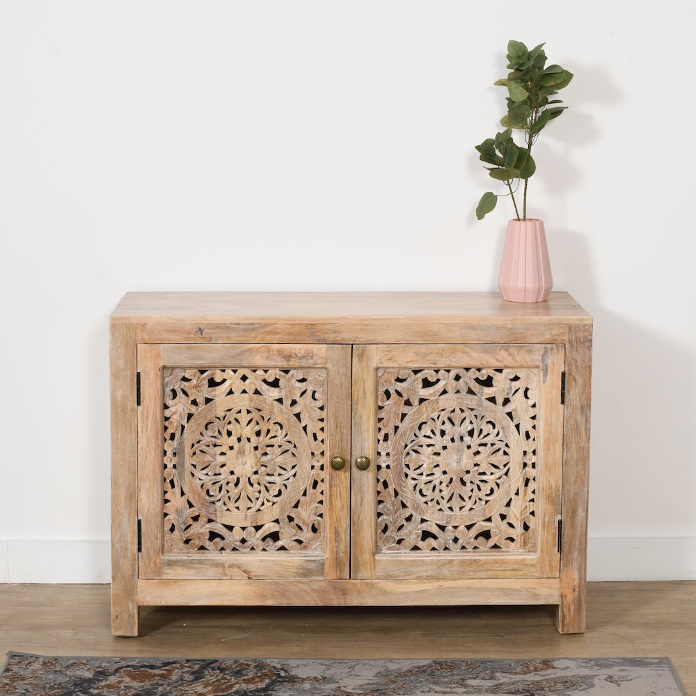 Weatherly 2-Door Accent Cabinet with Hand-Carved Doors in Natural. Picture 7