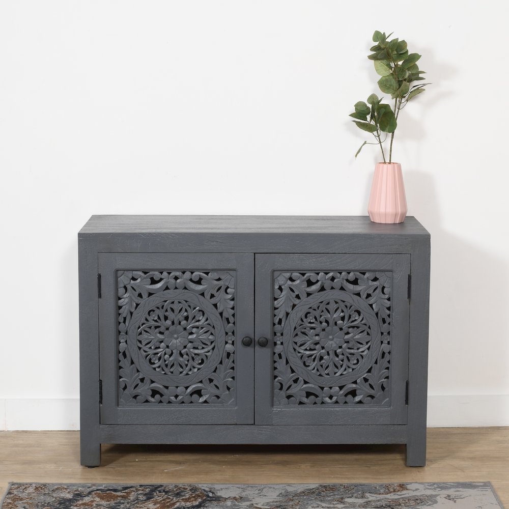 Weatherly 2-Door Accent Cabinet with Hand-Carved Doors in Gray. Picture 7